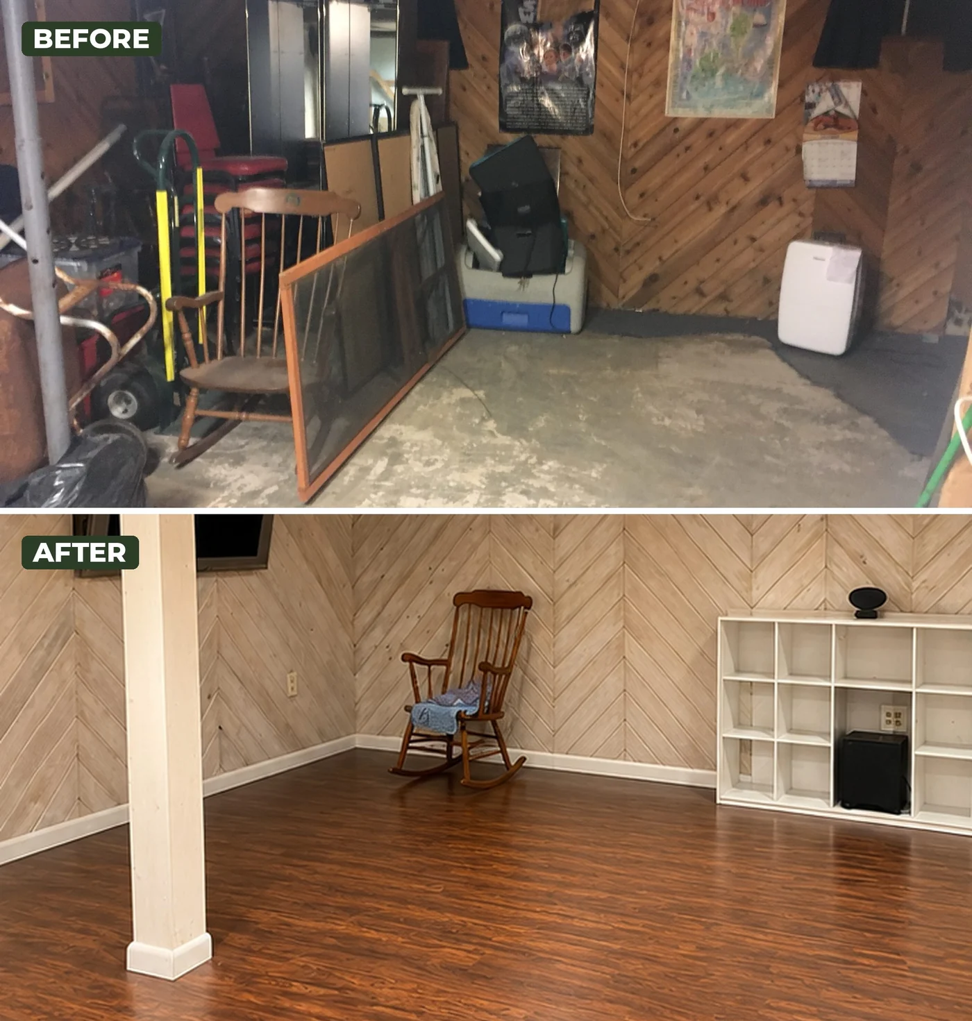 Before-and-after basement recreation room transformation with finished walls, trim and wood-look flooring