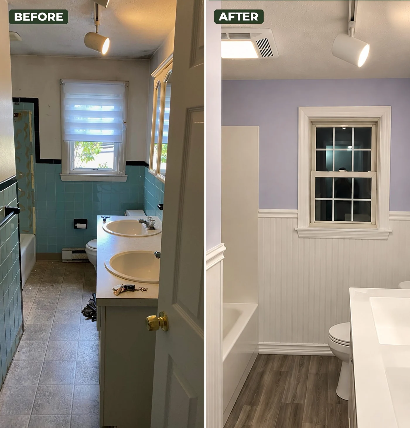 Before-and-after bathroom renovation showing updated wall finish, beadboard, window trim, flooring and vanity