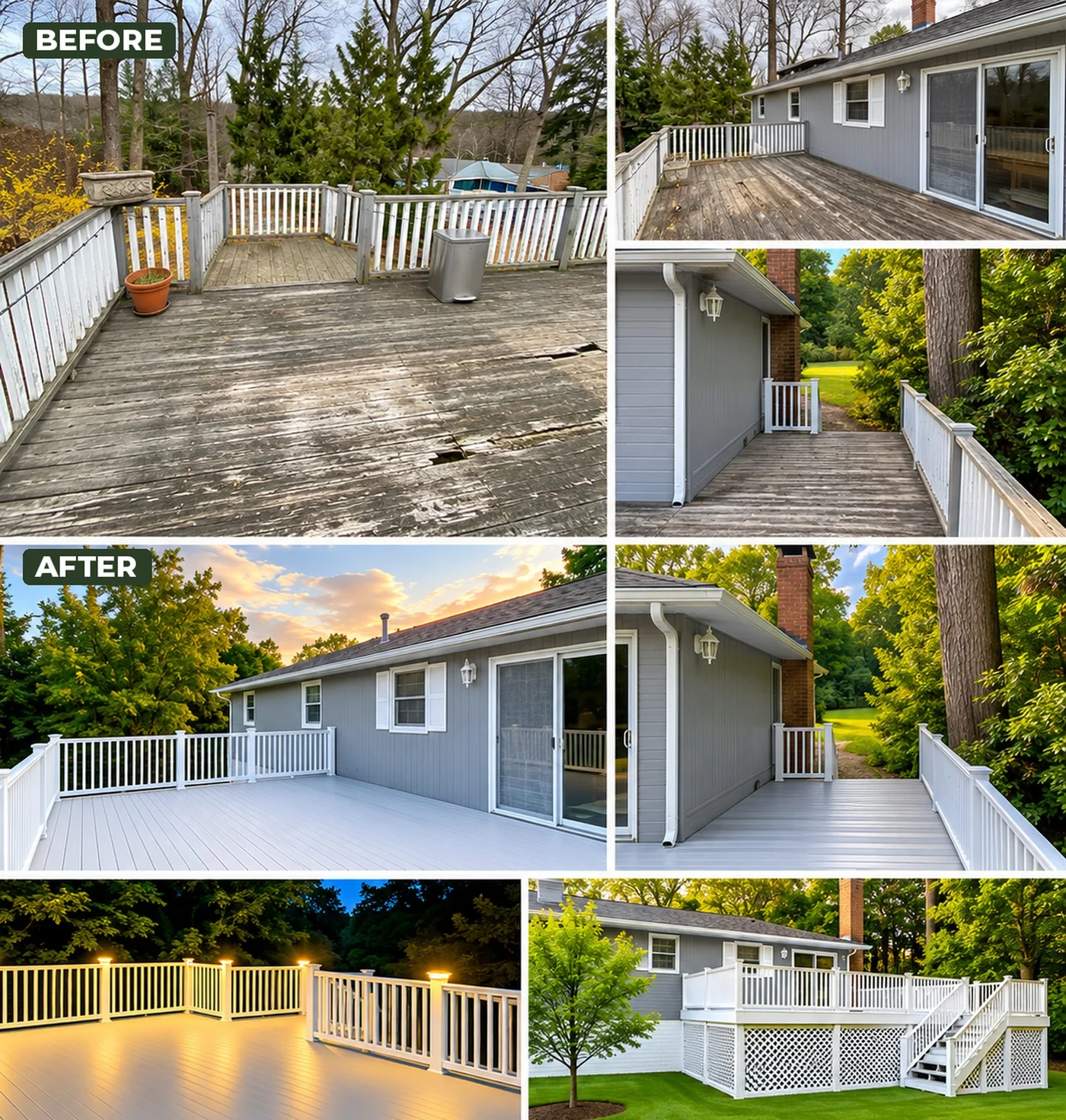 Before-and-after views of a weathered deck restored with a finished deck surface, white railings, stairs, lattice and lighting